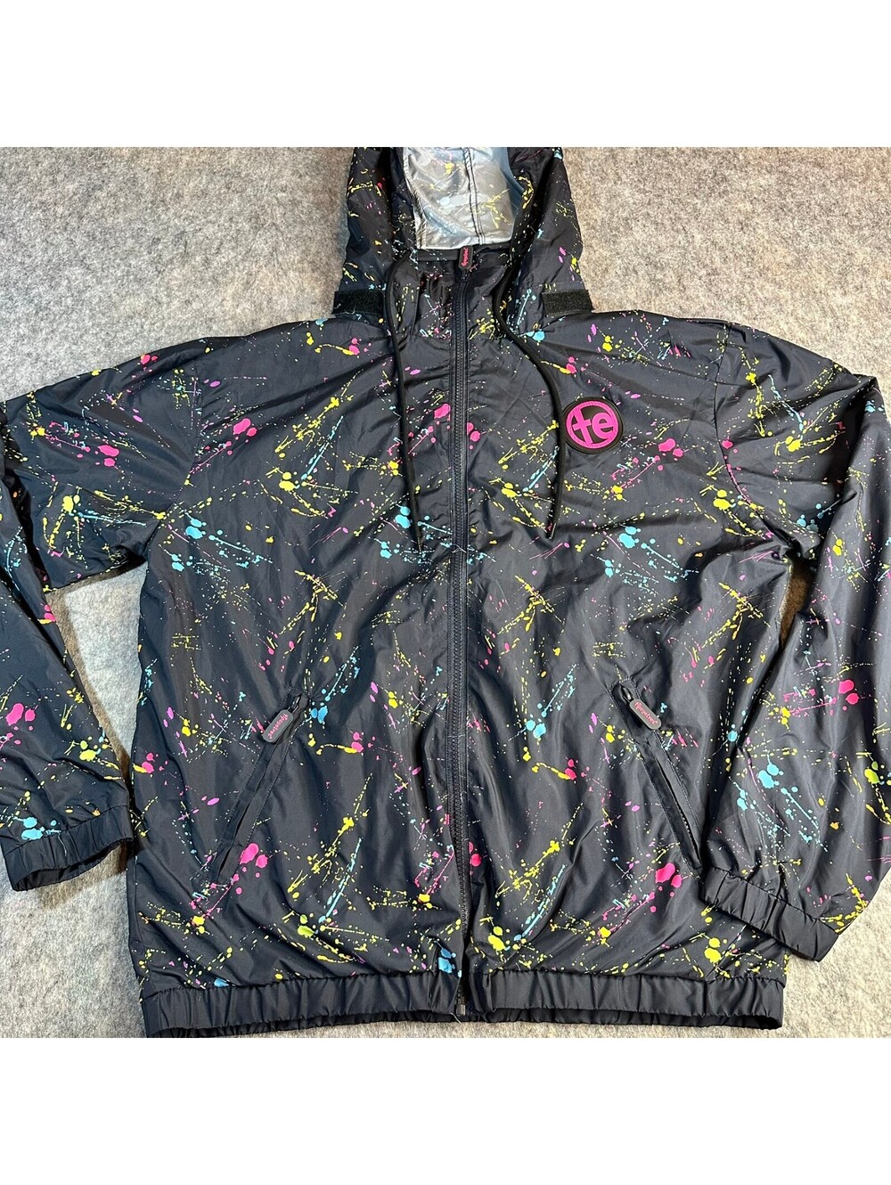 Tipsy Elves Black Neon Paint Splatter Splash Windbreaker Rain Jacket Size M